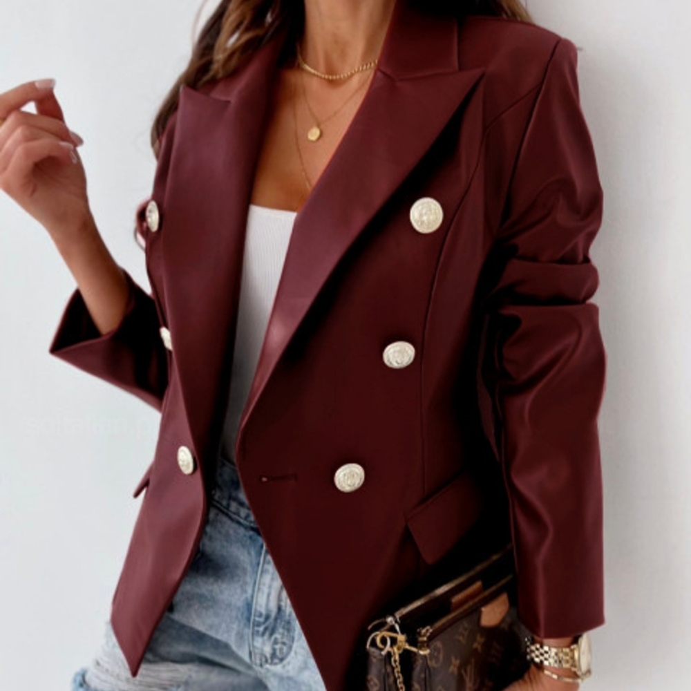 Burgundy Double-Breasted Women's Faux Leather Blazer - Picture 2 of 7